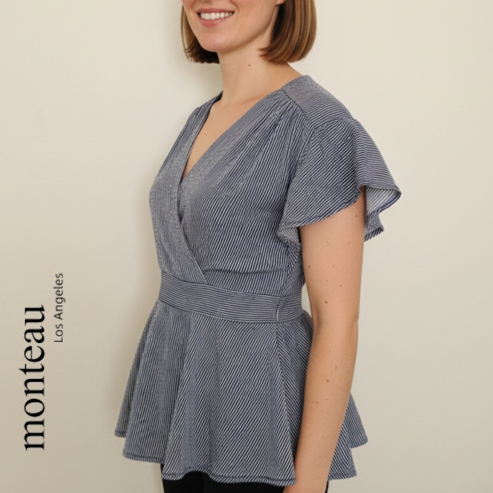 Sz S Monteau Navy and White Striped Faux Wrap Blouse w/ Smocked Band at the Back